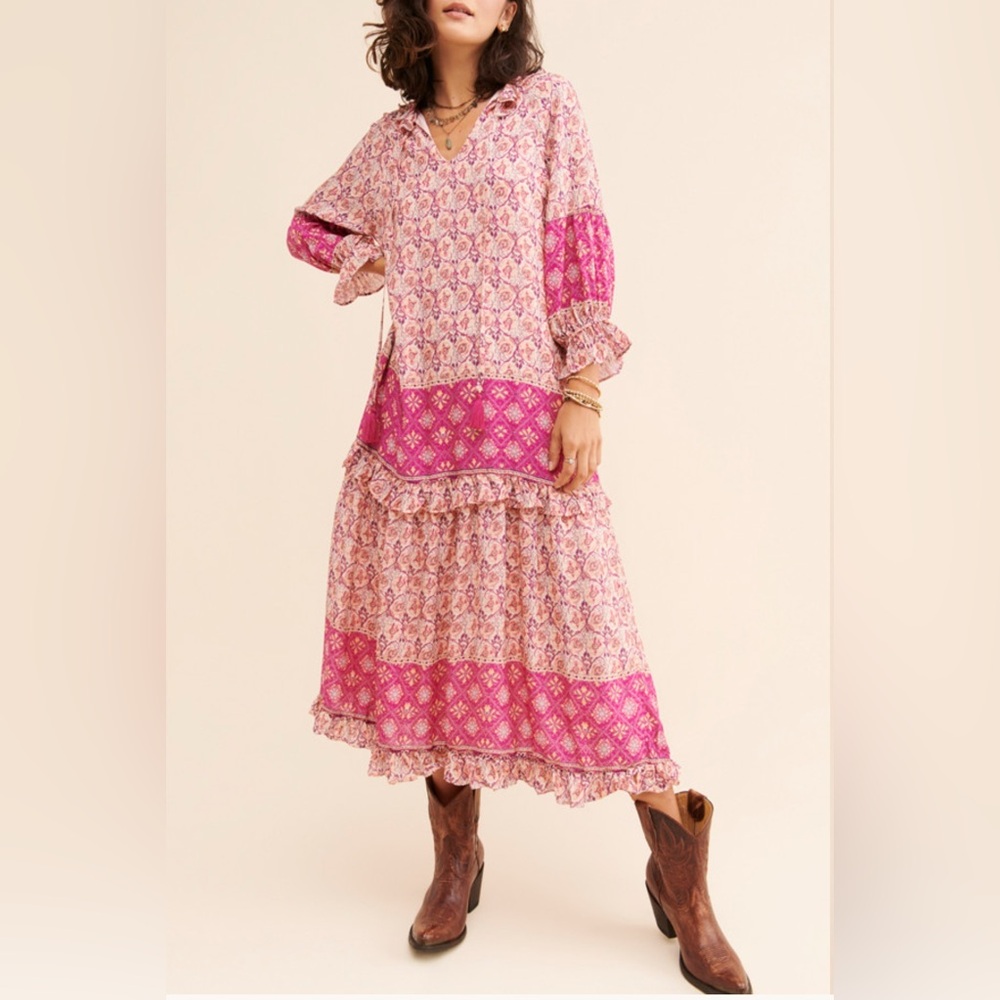 Bohemian Pink Patterned Long Sleeve Dress Boarder Print Midi Dress Size L